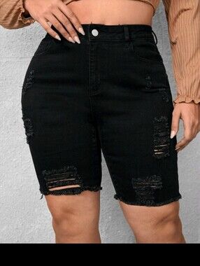 High-Waist Distressed Bermuda Shorts - Black